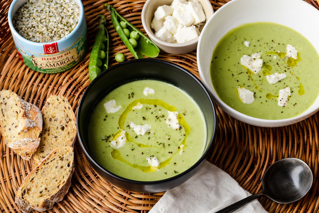 recette du Velouté glacé de petits pois frais au gingembre et à la feta